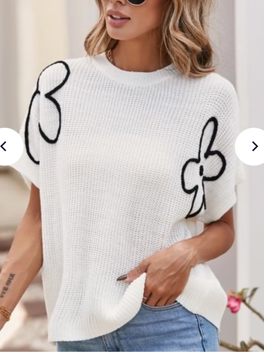Ivory Short-Sleeve batwing sleeve Knit Sweater with Black Floral Accents size L
